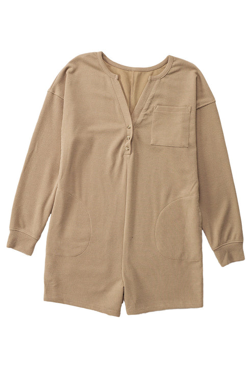Brushed Ribbed Button Split V Neck Long Sleeve Romper